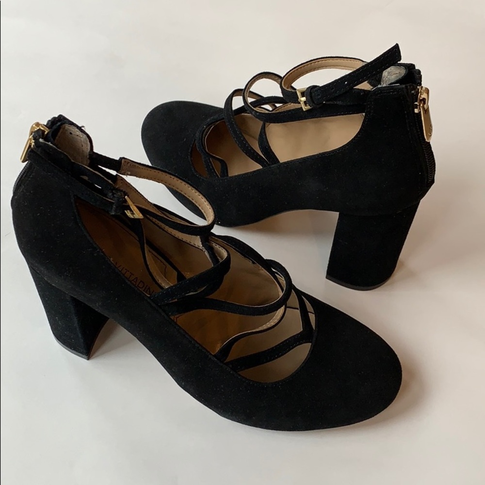 Adrienne Vittadini strappy suede block heel pumps.